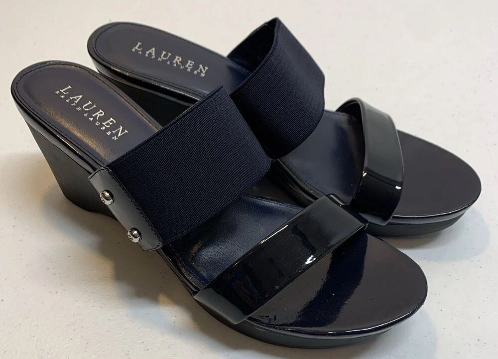 Ralph Lauren Black Patent and Elastic Wedge Sandals